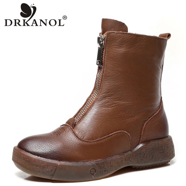 

drkanol soft genuine cow leather flat ankle boots for women autumn winter warm short boots front zipper retro casual shoes botas, Black