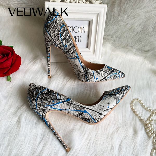 

veowalk floral crocodile-effect embossed women pointy toe high heels slip on stilettos ladies party shoes colors customize, Black