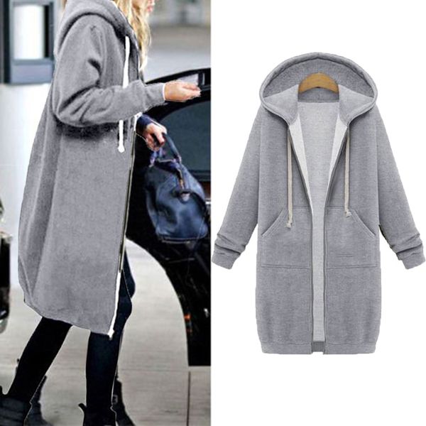 

winter sweatshirt casual large size loose zipper women clothing pocket fashion warm cord woman long hoodies, Black
