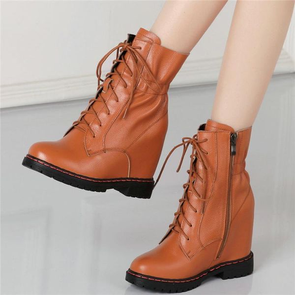 

creepers women lace up pleated genuine leather high heel platform pumps shoes female high round toe ankle boots casual shoes, Black