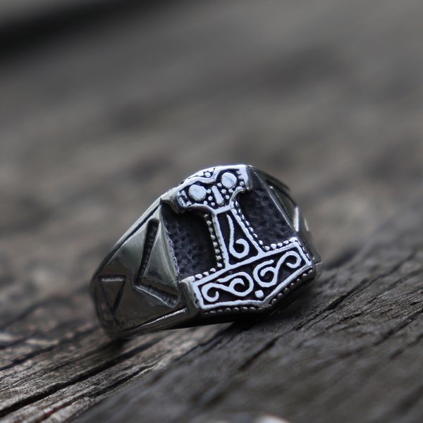 

thor hammer рун амулет кольца мужские viking odin mjolnir нержавеющей стали 316l кольцо nordic biker мужчины ювелирные изделия, Silver