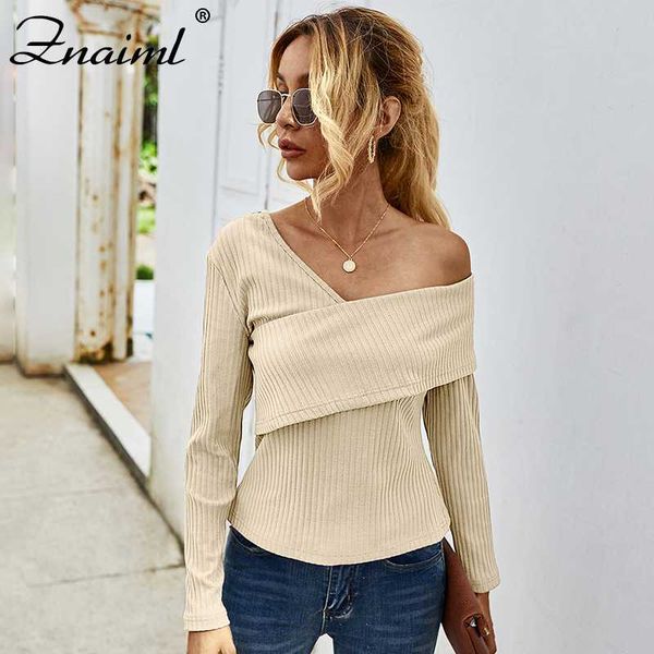 

znaiml lady chic one shoulder long sleeve crop fashion v skew collar slim blouse for women elegant stripe casual autumn top, White