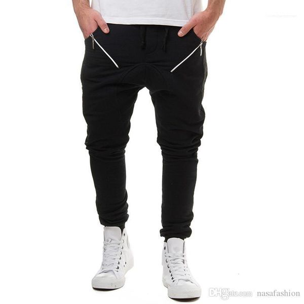 

sport pants for male mens elastic waist pencil pants casual zipper panelled loose pants fashiontrousers running, Black