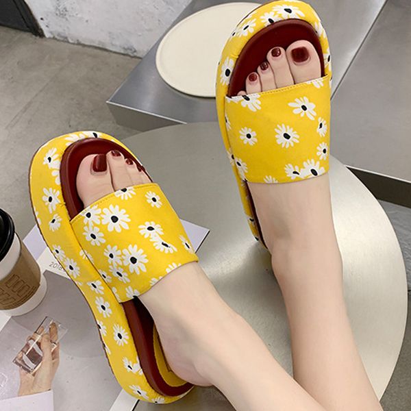 

floral printed thick soles women slippers fashion summer sandalias house slippers platform high heel shoes beach shoes for woman, Black