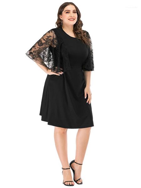 

casual dress fashion women clothing plus size summer womens designer dress solid color lace sleeve knee length, Black;gray