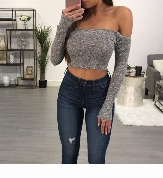 

high street autumn spring new fashion women's ladies casual long sleeve off shoulder shirt loose crop t-shirt, White