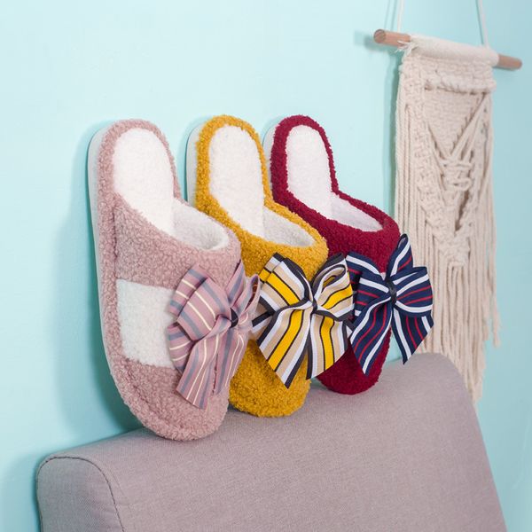 

slippers cute bow 2021 women faux fur female winter shoes home slipper plush pantufa indoor warm fluffy cotton, Black
