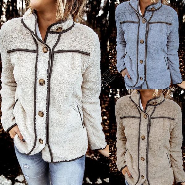 

women sherpa fleece jacket coat pannlled button patchwork jackets stand collar coats warm winter hoodies windbreaker outerwear d82602, White