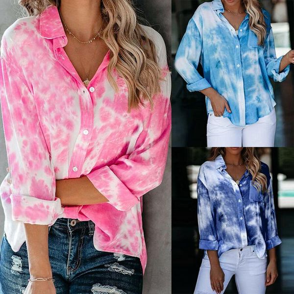

women tie dye button long sleeve shirt with pocket decoration girl casual blouse, White