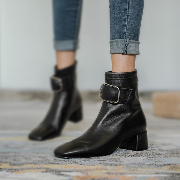 

2020 autumn winter new fashion versatile female boots leather boots belt buckle thick heel x482, Black