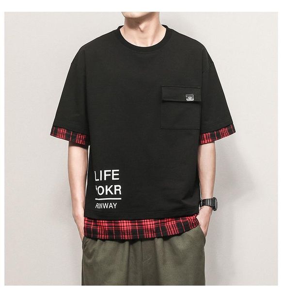 

fashion trend tees male casual loose tshirt mens summer plaid stitching tshirt animal print letter pattern, White;black