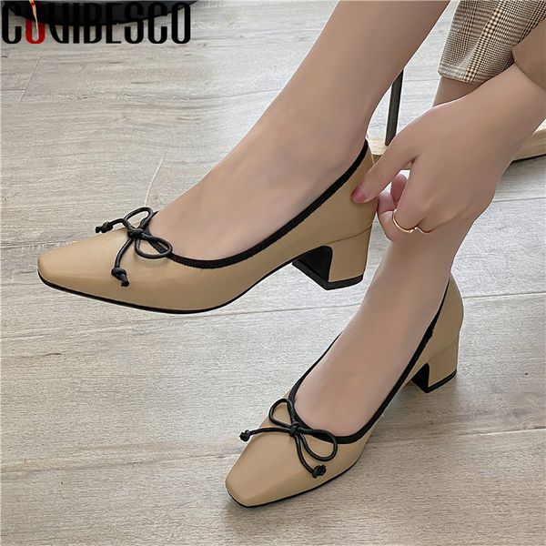 

covibesco classic sweet butterfly knot handmade shoes for women 2020 autumn genuine leather thick heels pumps party shoes woman, Black
