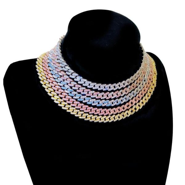 

9mm cuban link chain chunky hip hop jewelry iced out bling blue pink cz cubic zirconia gold silver color necklace for men women