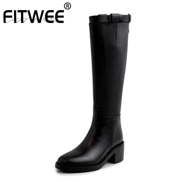 

fitwee genuine leather knee high boots office ladies retro keep warm long boots zipper shoes woman size 33-40, Black