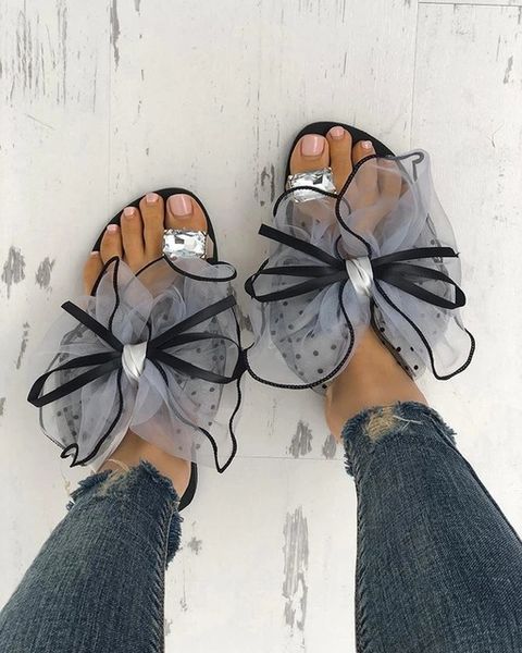 

bowtie summer slipper flats sandals platform mules casual fashion sandals beach flip flops mesh beach slides zapatos de mujer, Black