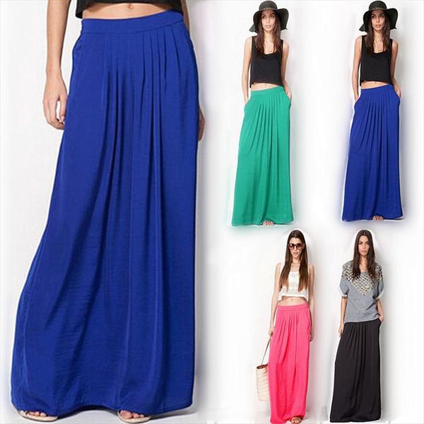 

summer vintage long skirt womens saia elastic waist elegant thin pleate skirt ladies casual beach solid maxi skirts faldas, Black