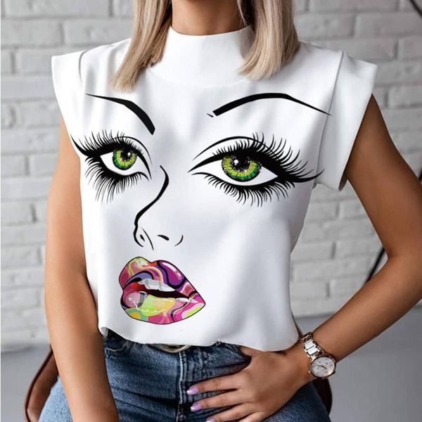

women's blouses & shirts women elegant chain print blouse summer casual stand neck pullovers lady 2xl fashion cute eye short sleeve bl, White