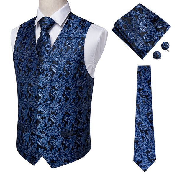 Hi-Tie Paisley Paisley 100% vestido de seda vestido conjunto para homens escuro azul jacquard homens colete colete masculino para casamento jaqueta formal 200924