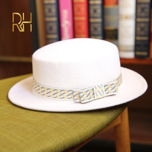 

2020 new arrival winter autumn women wool flat fedora hat with ribbon for wide brim panama sombrero jazz cap rh, Blue;gray