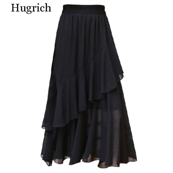 

summer new fashion trend chiffon skirt pleated skirt irregular mid length a-line 2020, Black