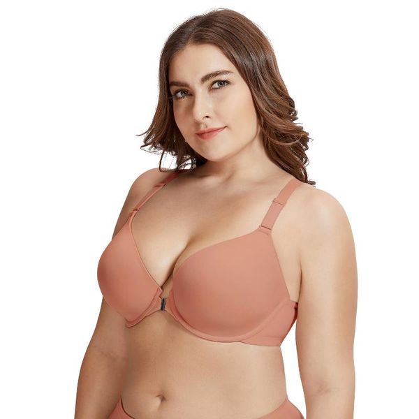 

women's smooth foam full coverage underwire front closure racerback t shirt bra plus size, Red;black