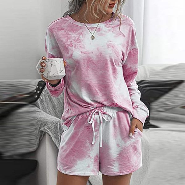 

2020 autumn women sets casual two piece suits basic long sleeve shirts elastic waist shorts female printed lace up homewear, Gray