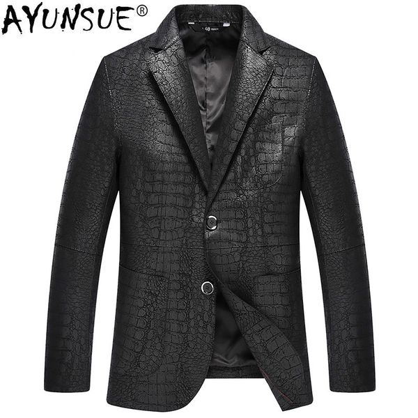 

ayunsue genuine leather jacket men new crocodile pattern sheepskin coat for men spring fall suit collar leather jackets kj1370, Black