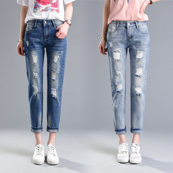 

spring 2020 womens blue cotton blend hole loose harem jeans bleached feminina boyfriend casual jeans women trousers