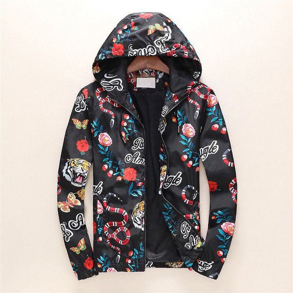 

19fw snake tiger full printed windbreaker cardigan spring men jacket outdoor wear letters fashion coat zipper hooded homme clothes m-3xl, Black;brown