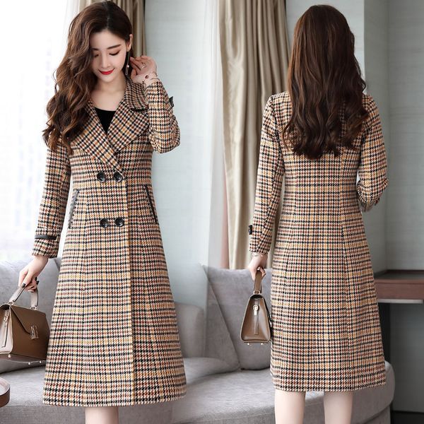 

fashion lattice woolen coat autumn winter casual ladies coats double-breasted cashmere coats large size women, Black