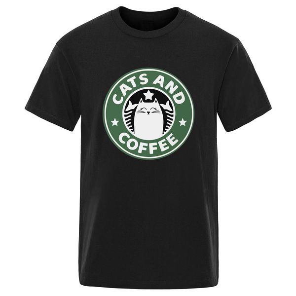 

100% cotton short sleeve t shirt cat and coffee print summer camisetas fashion retro casual ropa de hombre