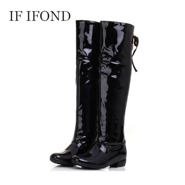 

2020 autumn winter mid heel round toe knee high boots women fashion patent leather shoes woman lace up botas mujer plus size14, Black