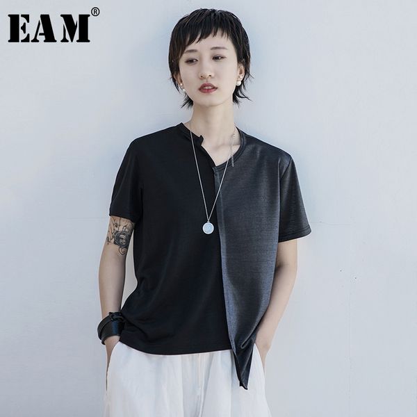 

eam] women black contrast color split hem asymmetrical t-shirt new v-neck short sleeve fashion tide spring summer 2020 1s67 c200919, White