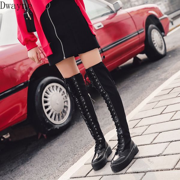 

2020 autumn and winter stretch cloth british college wind thick bottom with boots long tube over the knee women's boots, Black