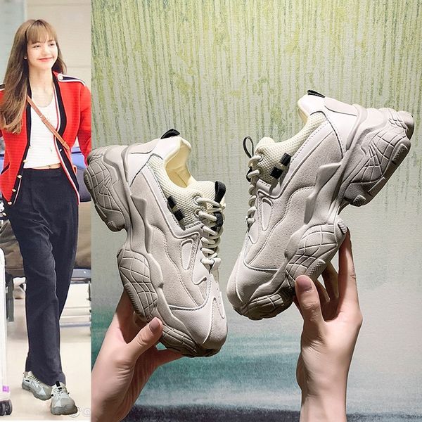 

2020 new lace-up casual shoes zapatos de mujer chunky women fashion thick bottom platform sneakers reflective vulcanized shoes, Black
