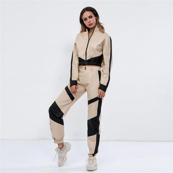 

clothes designer patchwork womens jacket fashion contrast color zipper fly coat street styles long sleeve donna, Black;brown