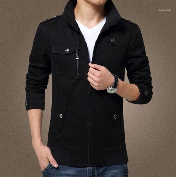 

outerwear fashion casual mens jacket autumn windbreaker zipper designer jackets stand collar buttons pockets young mens, Black;brown