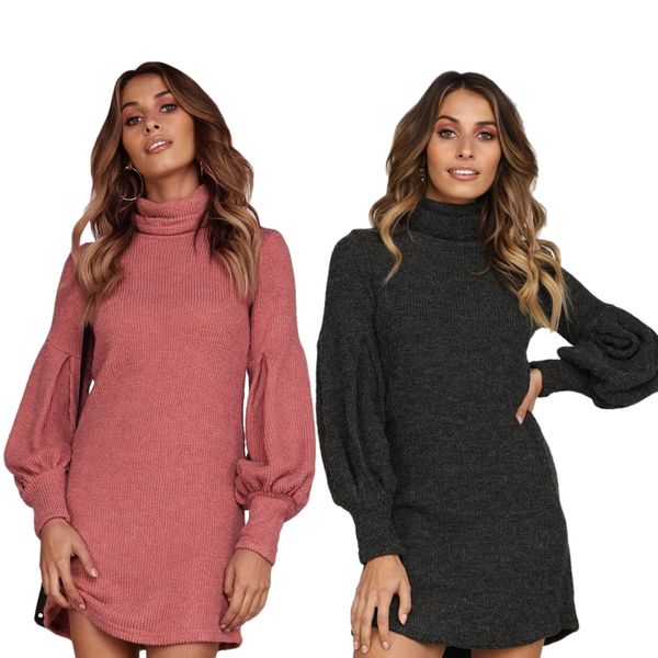 

women high collar plain lantern long sleeve sweaters dress knitwear pullover dress casual, Black;gray