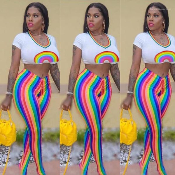 

womens designer suits rainbow striped printed pencil pants hollow out womens clothing 2 piece set summer, White