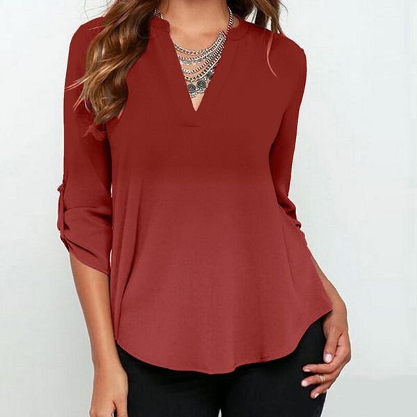 

women's plus size tie-dye gradient chiffon t-shirts solid color v-neck long sleeve pullover female sweatshirts #3, White