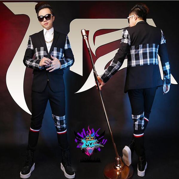 

new nightclubs male singer jackets men wool fashion black and white plaid stitching blazers lapel two buttons suits costumes, White;black
