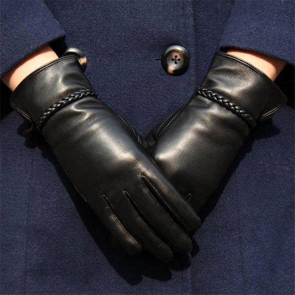 

2020 genuine leather gloves female new style winter warm plus velvet thicken lambskin driving woman gloves dq234l, Blue;gray