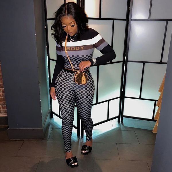 

hirigin fashion fall plaid 2 piece sets womens outfits long sleeve crop +pants matching sets for women clothes streetwear, Gray