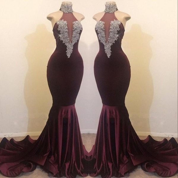 

new burgundy velvet mermaid prom dresses beads crystals lace applique high neck backless sweep train formal dress party evening gowns, Black