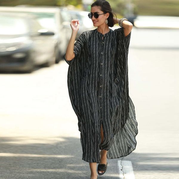 

women striped leopard maxi dress pocket long robe button tunics wrap, Black;gray