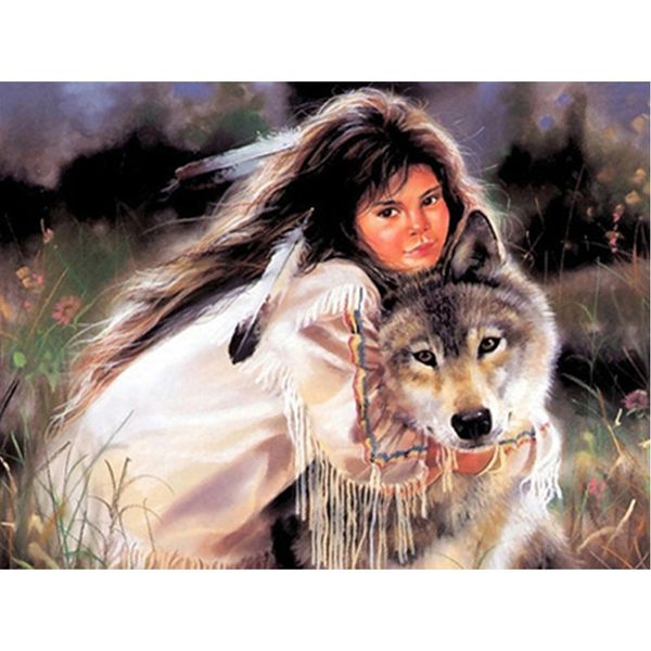 

diy diamond embroidery painting women wolf 100% total area highlight the diamond itself needlework set diamond 5d