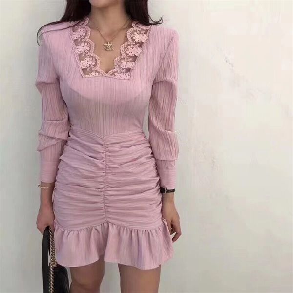 

2020 fall new lace square collar black or pink short dress slim-fit tie up backless patchwork hem ladies dresses, Black;gray