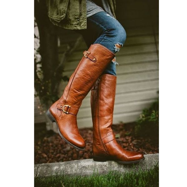 

boots round head pure color double buckle side for women in europe station, Black