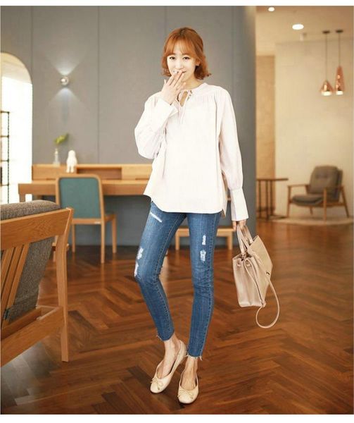 

comfortable autumn new maternity dress nine points hole pregnant women jeans slim feet pants trend stomach lift pants, White