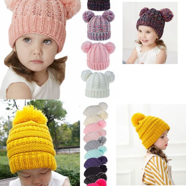 

kids knitted hats winter warm childrens wool ball beanies pompom hat boy and girl caps single double ball beanie cap party hats kka8038